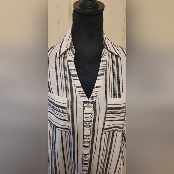 🔥2For$20 IZ Byer 3/4 SLEEVE Striped Button-up Shirt Black & White RAYON - Picture 3 of 10